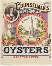 Affiche publicitaire pour les huîtres et conserves Counselmans Lord Baltimore Circle Brand