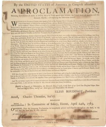 Proclamation du Congrès déclarant la cessation des armes et la fin de la guerre, 24 avril 1783