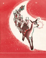 Rudolph le renne au nez rouge menant le traîneau du Père Noël