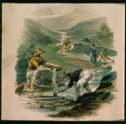 Scène sur la branche du Sacramento en 1597, illustration de California, its past history, its present position, its future prospects par G.A. Fleming, 1850