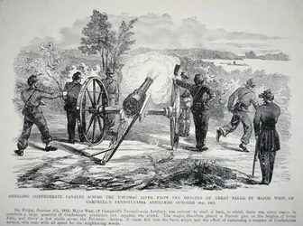Bombardement de la cavalerie confédérée à travers la rivière Potomac depuis les hauteurs de Great Falls, 4 octobre 1861 (lithographie)