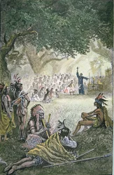 Missionnaires jésuites espagnols convertissant des Amérindiens en Californie au XVIIe siècle