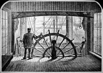 Pilote de bateau à vapeur dans la timonerie, c.1870