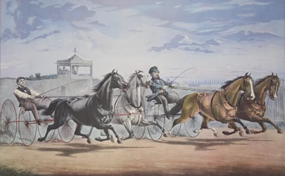 Stella et Alice Grey - Lanterne et fanon, Passant le stand (Dans leur grande course en double attelage sur le Union Course L.I. 5 juin 1855), pub. 1855, Currier & Ives