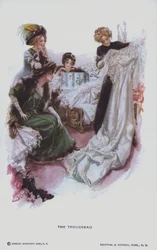 Le trousseau : une future mariée regarde une robe de mariée (lithographie couleur)