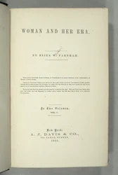 Page de titre de Women and Her Era par Eliza Wood Farnham (1815-64) publié à New York, 1864