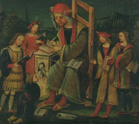 Saint Cassien dans son fauteuil, entouré de ses élèves