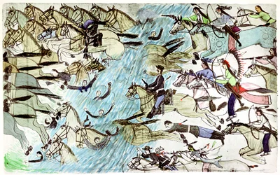 Cavalerie américaine se retirant à travers une rivière poursuivie par des guerriers amérindiens, vers 1900