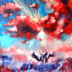 Deux grues, nuages rouges