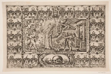 Sophie Brockenhuus et quatre génies, entourés de blasons. De l