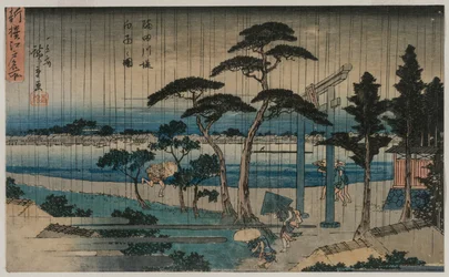 Image de pluie légère sur la berge de la rivière Sumida..., fin des années 1830 ou début des années 1840