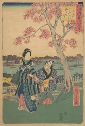 Observation des fleurs de prunier au troisième mois à la rivière Sumida de la série Événements annuels à F..., 1854