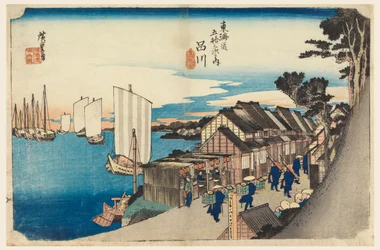 Station de Shinagawa, lever du soleil, dans Les Cinquante-Trois Stations de la route de Tokaido (Tokaido Gojusan Tsugi-no Uchi)