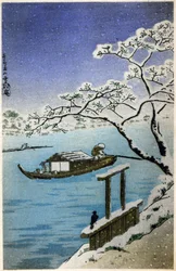 Géographie. Japon. Rivière en hiver. Gravure sur bois par Hiroshige dans : Cinquante-trois stations du Tokaido (1833-1834). Carte postale, Japon, vers 1900