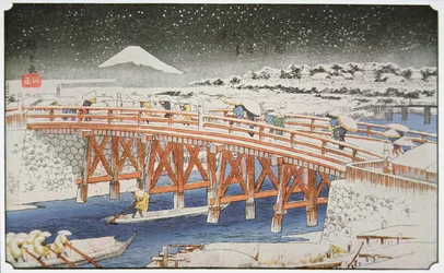 Un pont à Yedo avec le mont Fuji en arrière-plan