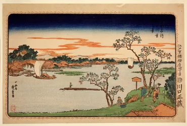 Cerisiers en feuille au bord de la rivière Sumida, de la série Sites célèbres de la capitale orientale, c.1831