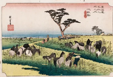 « Le marché aux chevaux au quatrième mois à Chiryu », de la série « Les cinquante-trois stations du Tokaido », vers 1834
