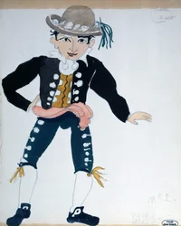 Dessin de costumes pour une représentation du "Barbier de Séville" à Paris (aquarelle sur papier)
