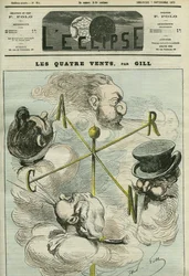 Caricature « Les Quatre Vents », symbolisant les quatre partis politiques. Couverture dans « L