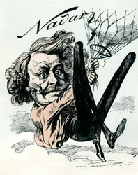 Caricature de Félix Nadar, pionnier de la photographie aérienne en 1858, ici suspendu à son ballon (gravure)
