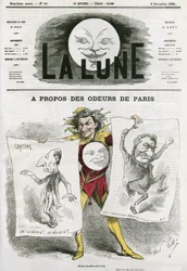 Caricature sur un livre « Les Odeurs de Paris » de Louis Veuillot (1813-1883), écrivain français. Caricature de Gill, dans « La Lune », 9 décembre