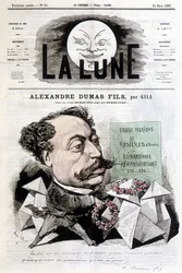 Dessin comique sur Alexandre Dumas Fils par Gill. Couverture de « La Lune » du 24/03/1867