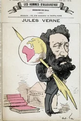 Jules Verne pinçant la terre à sa plume - par Gill, dans "Les hommes d