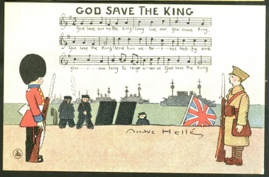 Carte postale satirique en couleurs : God save de king - Guerre de 14-18, Angleterre Grande-Bretagne, Chant - Soldats Illustration par André Hellé (1875-1945)