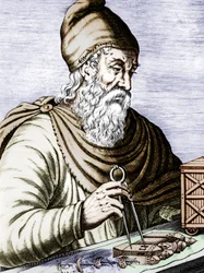 Archimède (287-212 av. J.-C.), physicien et mathématicien sicilien grec, document colorisé en gravure