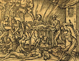 Tribu cannibale tupinambá au Brésil, gravure de Les singularitez de la France antarctique, par André Thevet (1504-1592), Paris