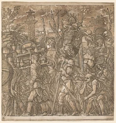 Le Triomphe de Jules César : Soldats portant des vases et des trophées de guerre
