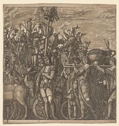 Le Triomphe de Jules César : Soldats marchant avec des trophées de guerre