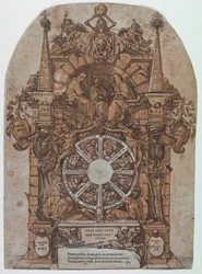 Triomphe de la mort avec trois Parques dans un cadre architectural au-dessus d