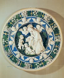 Adoration de la Vierge avec Saint Jean-Baptiste et deux chérubins (terre cuite émaillée polychrome)