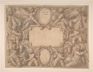 Un cartouche et deux boucliers entourés de figures allégoriques