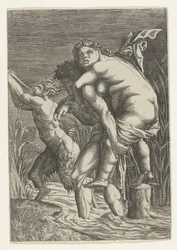 Homme portant une femme sur son dos et un satyre