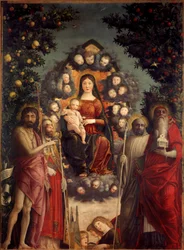 Retable Trivulzio « La Sainte Conversation » La Vierge et Jésus-Christ représentés dans une mandorle. Ils sont entourés de Saint Jean-Baptiste, du Pape Saint Grégoire Ier le Grand (540-604), de Saint Jérôme (portant une église et des livres), de Saint Beno