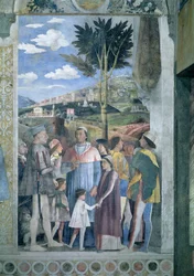 Arrivée du Cardinal Francesco Gonzaga, accueilli par son père Marchese Ludovico Gonzaga III (règne 1444-78) et ses frères, de la Camera degli Sposi ou Camera Picta, 1465-74 (détail)