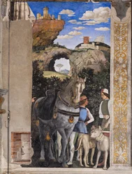 Palais ducal : mur sud-ouest de la Chambre nuptiale ou Camera Picta, qui est une salle située dans la tour nord-est du château de San Giorgio à Mantoue. Elle est célèbre pour le cycle de fresques qui recouvre ses murs, un chef-d