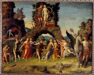 Mars et Vénus ou Le Parnasse. Peinture représentant Mars et Vénus sur le rocher, Pégase et Mercure, Apollon et les neuf muses Calliope (poésie épique), Clio (histoire), Érato (art lyrique), Euterpe (musique), Melpomène (tragédie), Polymnie (rhétorique)