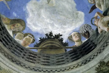 Oculus du plafond de la Chambre des Époux, palais ducal de Mantoue, Italie (Camera degli Sposi, Palazzo Ducale, Mantova) : détail de figures allégoriques et de putti. Fresque d