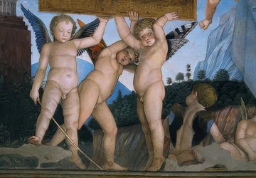 Putti avec ailes de papillon tenant une plaque de dédicace (détail)