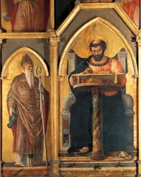 Saint Luc à son bureau et Saint Prosdocimus, (détail) du retable de Saint Luc par Andrea Mantegna