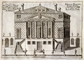 Façade principale de la Villa Foscari connue sous le nom de La Malcontenta, Mira, conçue par Andrea Palladio, gravure de Along Brenta Canal, presque faubourg de la ville de Venise, par Vincenzo Coronelli, Venise