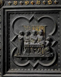 La Présentation de la tête de Saint Jean-Baptiste au roi Hérode, dix-septième panneau des Portes Sud du Baptistère de San Giovanni, 1336