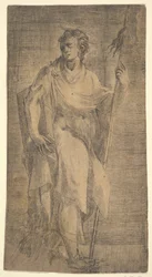Un saint, peut-être Matthieu, tenant un bâton et un livre, vers 1540-50.