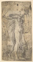 Mercure tenant un caducée dans sa main droite, une lyre dans sa main gauche, vers 1536-40