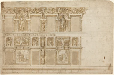 Mur Palatial Orné de Sculptures et de Peintures