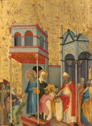 Joachim et Anne donnant de la nourriture aux pauvres et des offrandes au Temple, vers 1400-1405