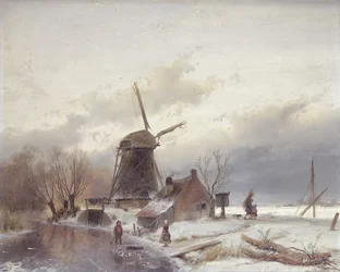 Paysage de rivière gelée avec un moulin à vent